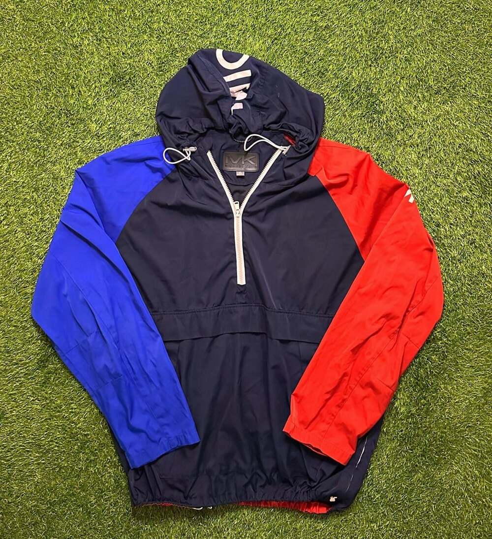 Men's Michael Kors Spell Out Hooded Multicolor 1/2 Zip Windbreaker Jacket XL